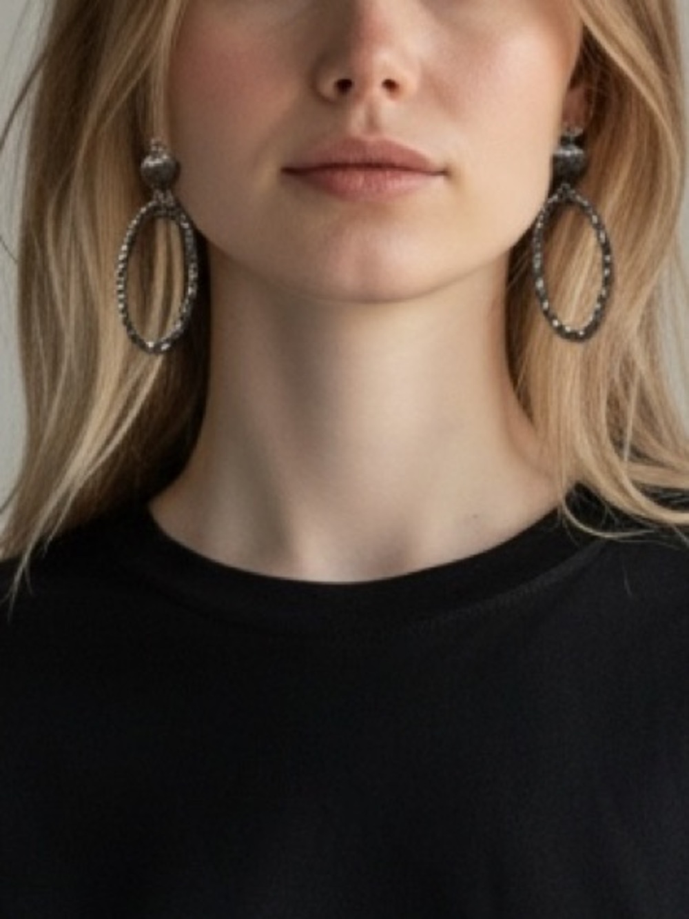 NEW• Sugared + Bronzed Unique Silver Gunmetal Hammered Oval Earrings - Picture 2 of 14